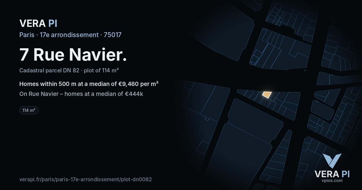 7 Rue Navier, 17e arrondissement at night – the plot lit, the parcels around coloured by the prices near them