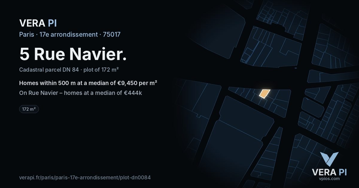 5 Rue Navier, 17e arrondissement at night – the plot lit, the parcels around coloured by the prices near them