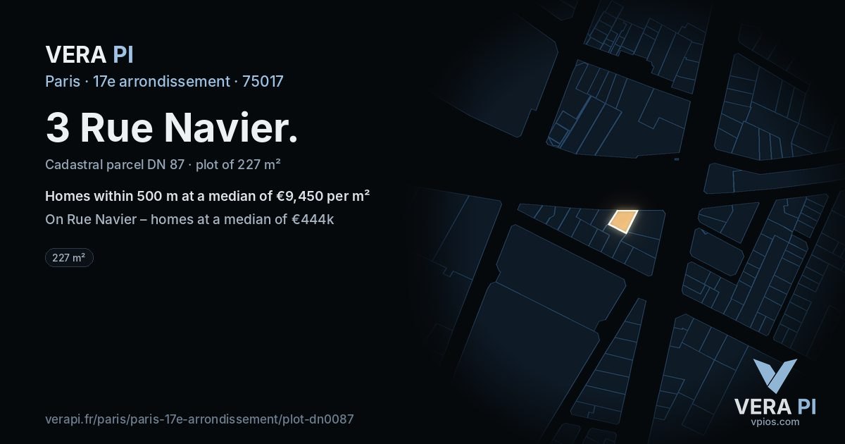 3 Rue Navier, 17e arrondissement at night – the plot lit, the parcels around coloured by the prices near them