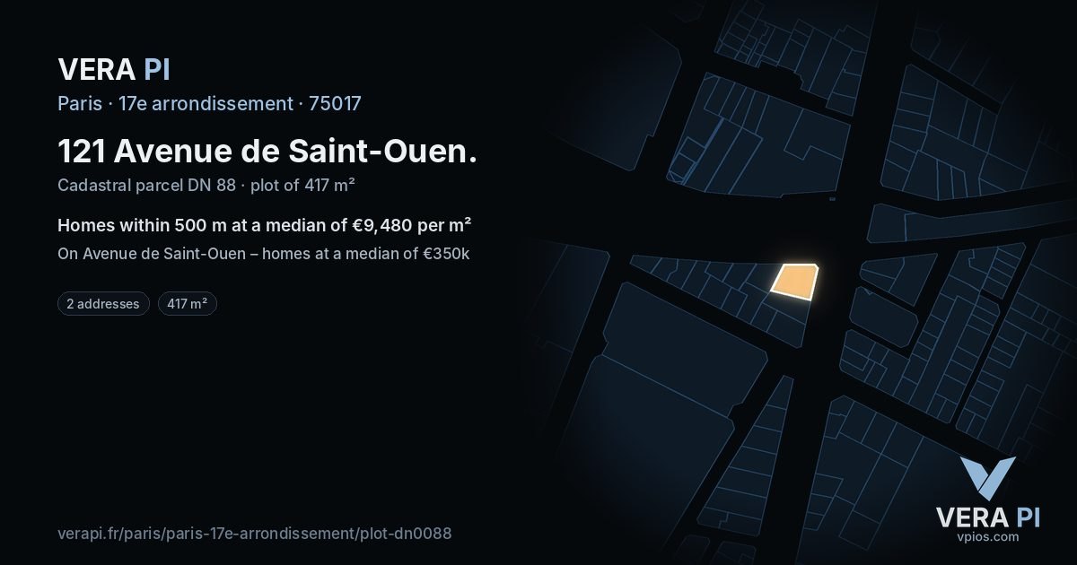 121 Avenue de Saint-Ouen, 17e arrondissement at night – the plot lit, the parcels around coloured by the prices near them