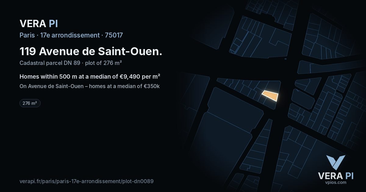 119 Avenue de Saint-Ouen, 17e arrondissement at night – the plot lit, the parcels around coloured by the prices near them