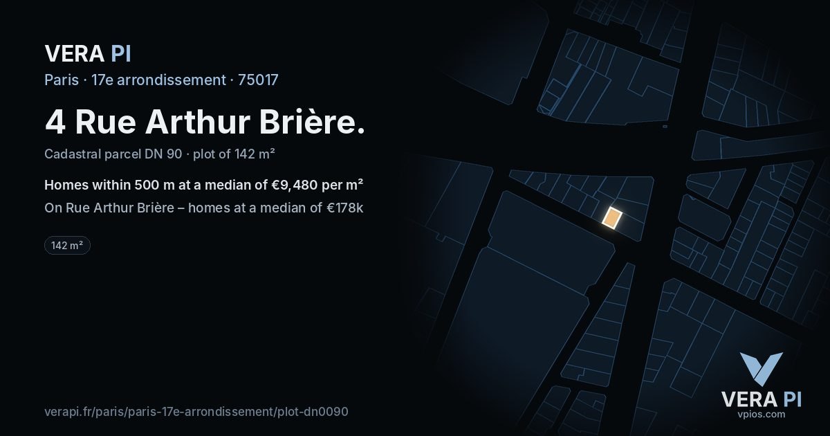 4 Rue Arthur Brière, 17e arrondissement at night – the plot lit, the parcels around coloured by the prices near them