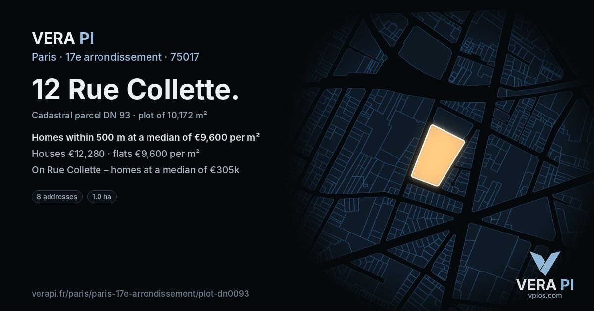 12 Rue Collette, 17e arrondissement at night – the plot lit, the parcels around coloured by the prices near them