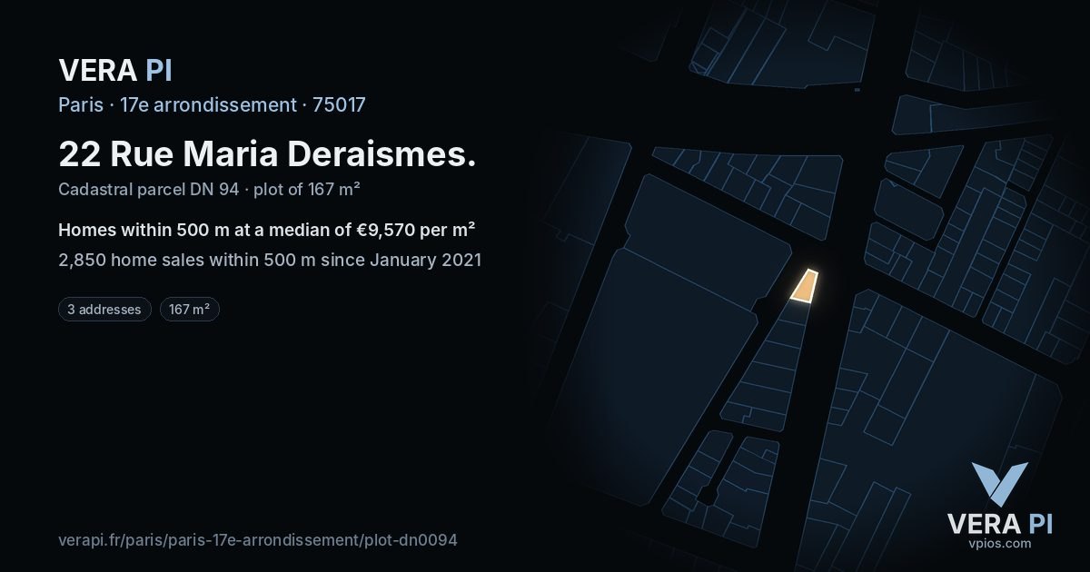 22 Rue Maria Deraismes, 17e arrondissement at night – the plot lit, the parcels around coloured by the prices near them