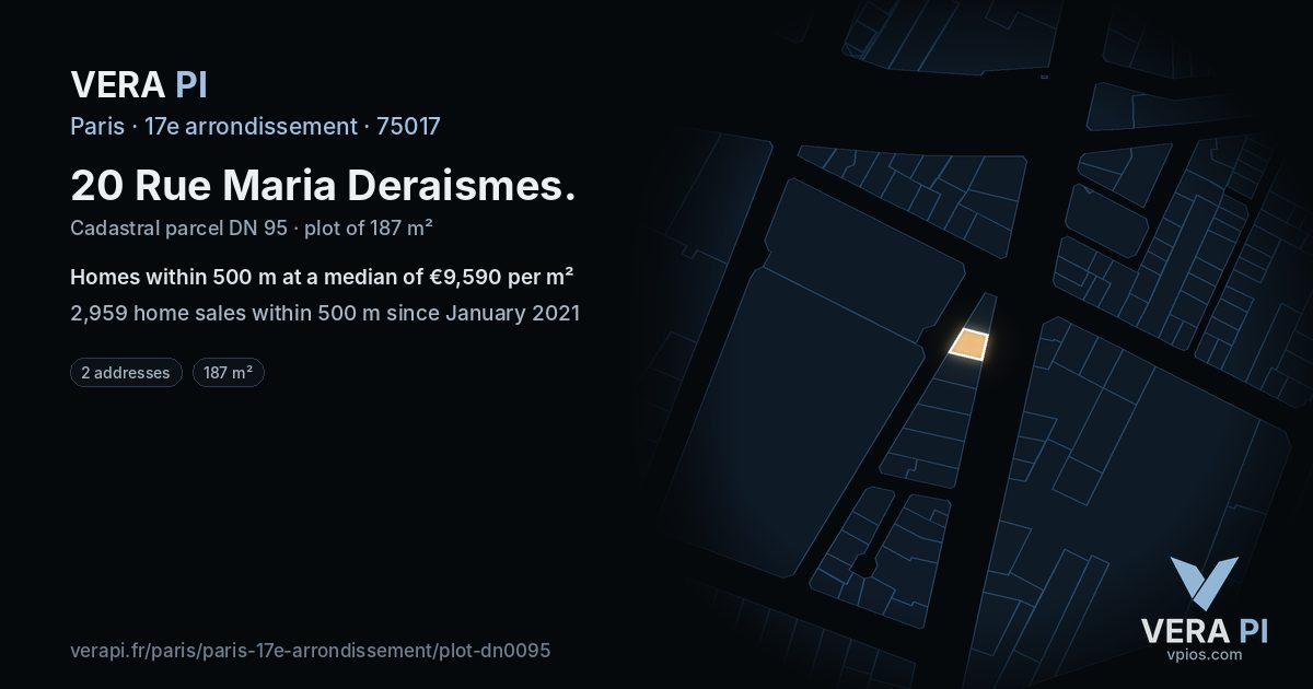 20 Rue Maria Deraismes, 17e arrondissement at night – the plot lit, the parcels around coloured by the prices near them