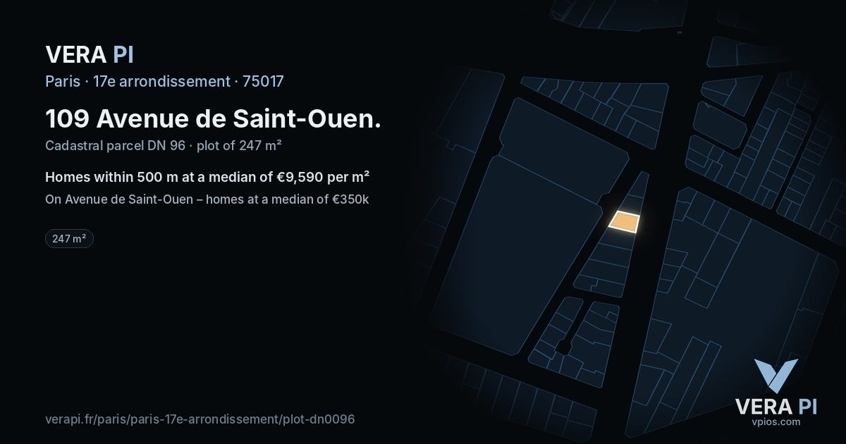109 Avenue de Saint-Ouen, 17e arrondissement at night – the plot lit, the parcels around coloured by the prices near them