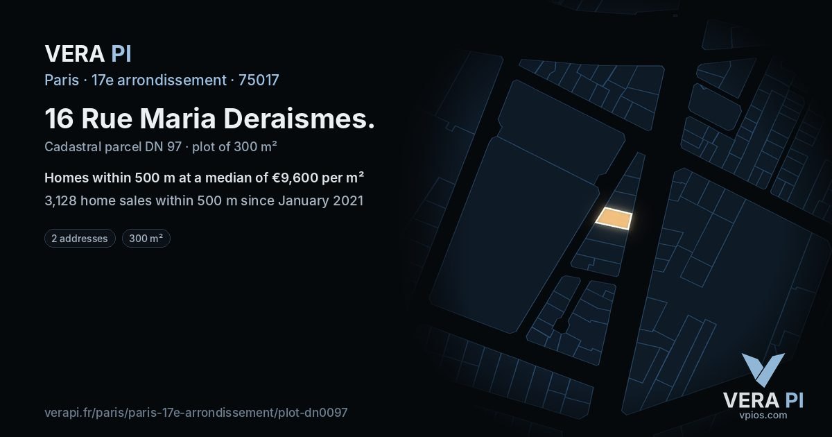 16 Rue Maria Deraismes, 17e arrondissement at night – the plot lit, the parcels around coloured by the prices near them