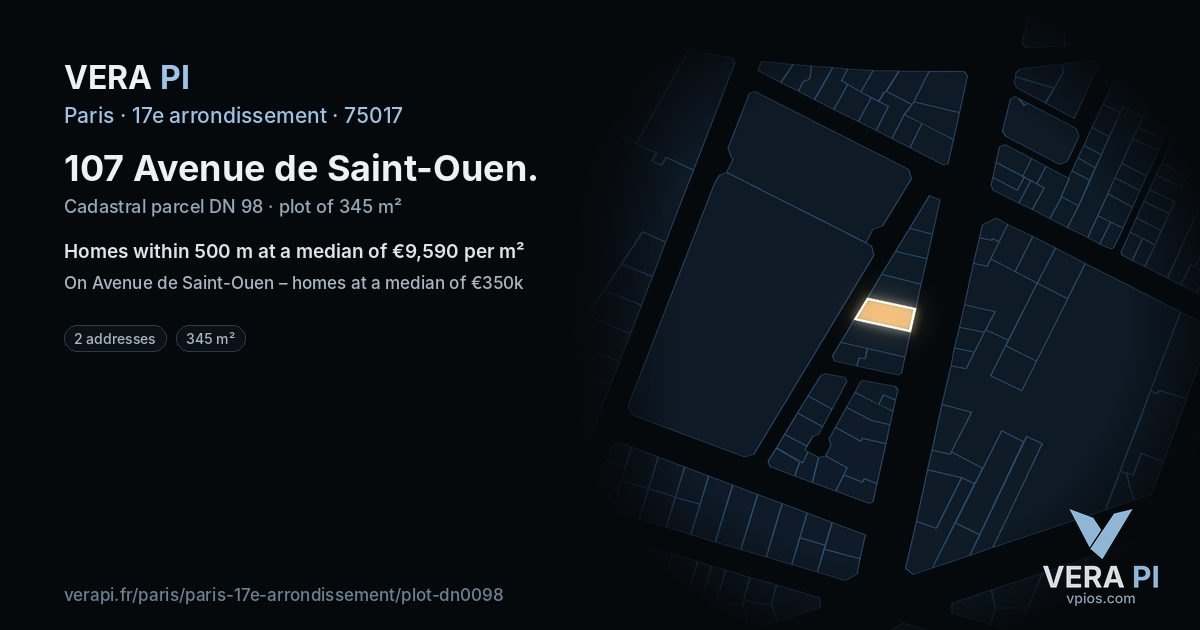 107 Avenue de Saint-Ouen, 17e arrondissement at night – the plot lit, the parcels around coloured by the prices near them
