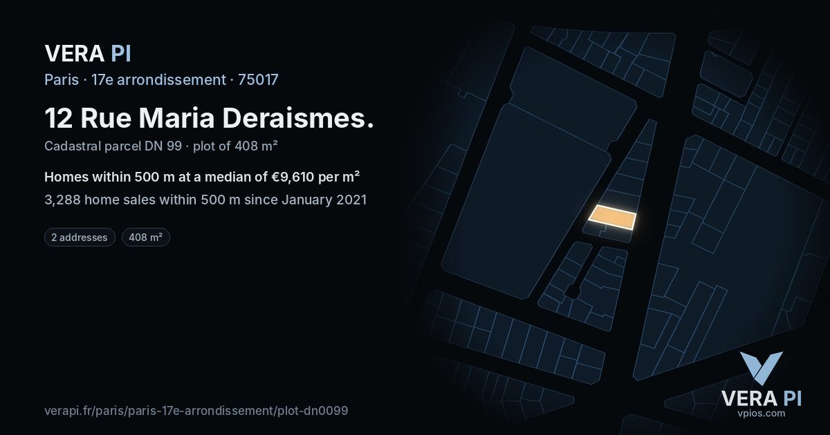 12 Rue Maria Deraismes, 17e arrondissement at night – the plot lit, the parcels around coloured by the prices near them