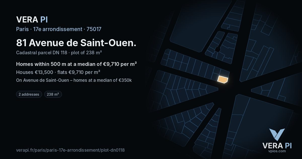 81 Avenue de Saint-Ouen, 17e arrondissement at night – the plot lit, the parcels around coloured by the prices near them