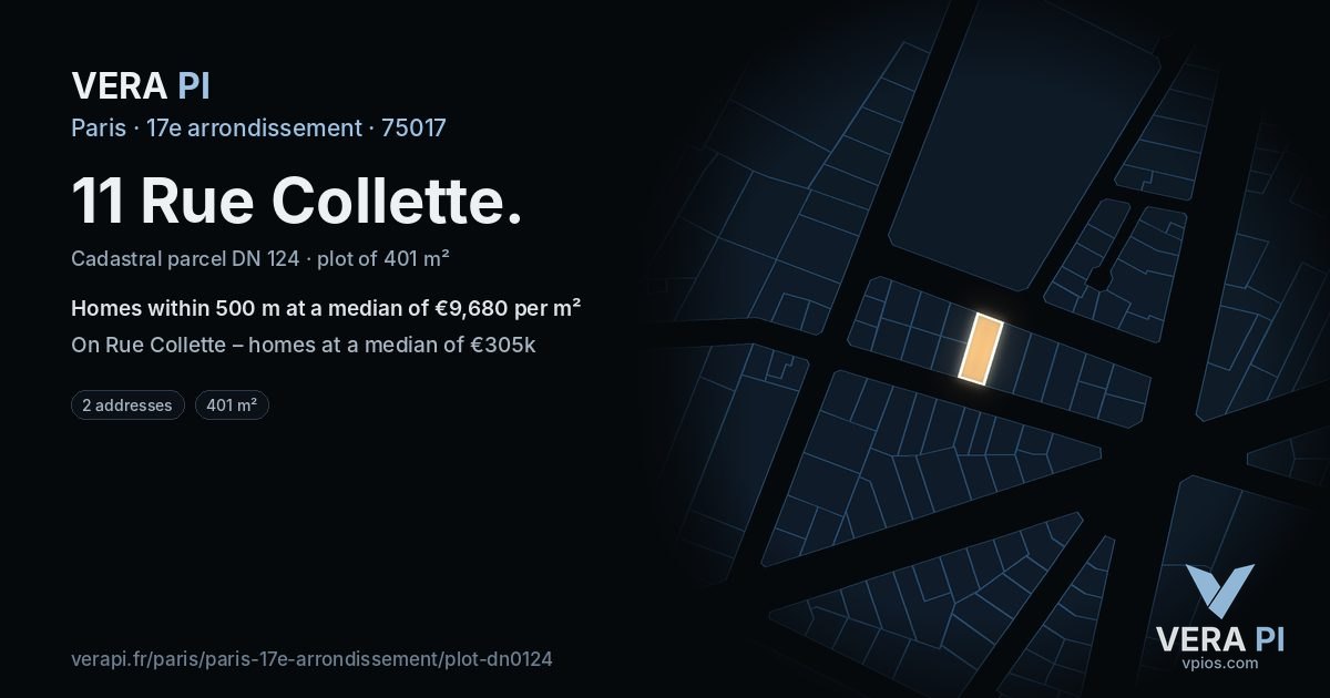 11 Rue Collette, 17e arrondissement at night – the plot lit, the parcels around coloured by the prices near them