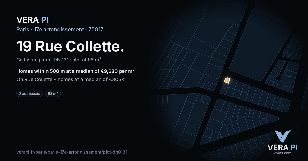19 Rue Collette, 17e arrondissement at night – the plot lit, the parcels around coloured by the prices near them