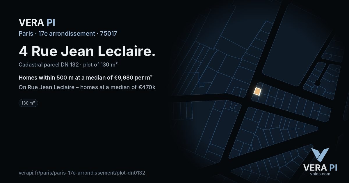 4 Rue Jean Leclaire, 17e arrondissement at night – the plot lit, the parcels around coloured by the prices near them