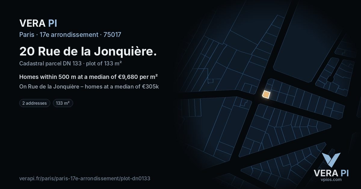 20 Rue de la Jonquière, 17e arrondissement at night – the plot lit, the parcels around coloured by the prices near them