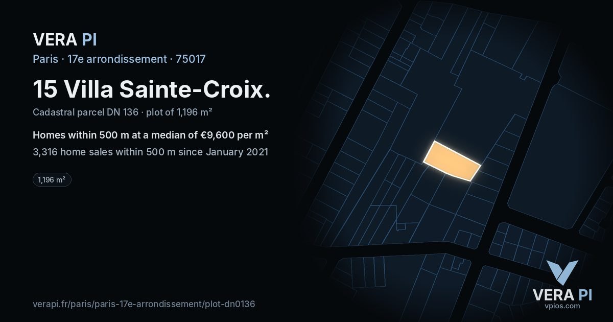 15 Villa Sainte-Croix, 17e arrondissement at night – the plot lit, the parcels around coloured by the prices near them