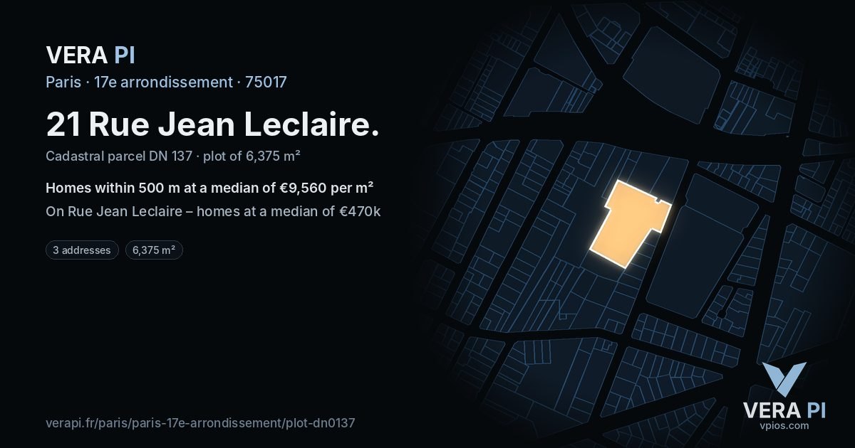 21 Rue Jean Leclaire, 17e arrondissement at night – the plot lit, the parcels around coloured by the prices near them
