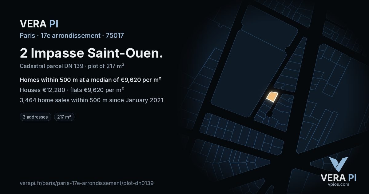 2 Impasse Saint-Ouen, 17e arrondissement at night – the plot lit, the parcels around coloured by the prices near them