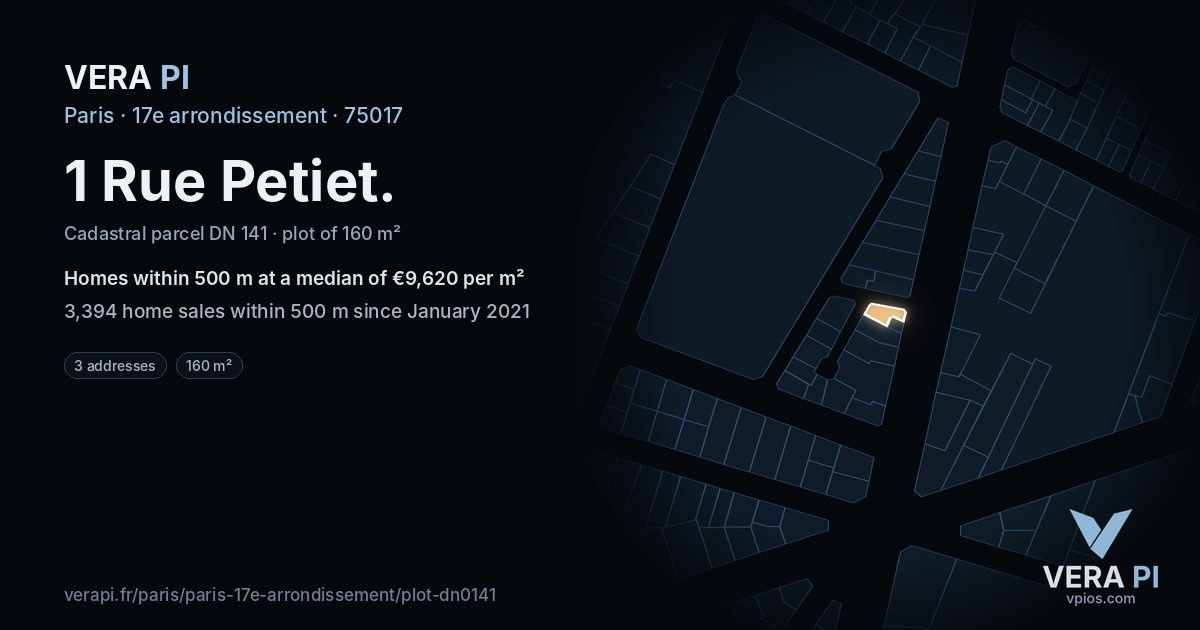 1 Rue Petiet, 17e arrondissement at night – the plot lit, the parcels around coloured by the prices near them