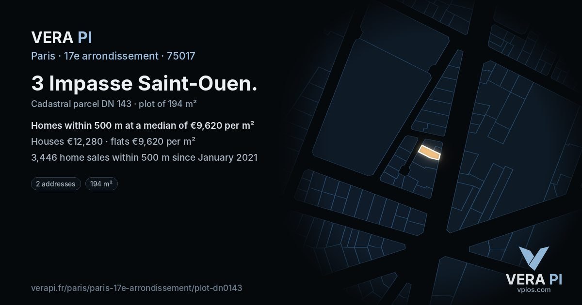 3 Impasse Saint-Ouen, 17e arrondissement at night – the plot lit, the parcels around coloured by the prices near them