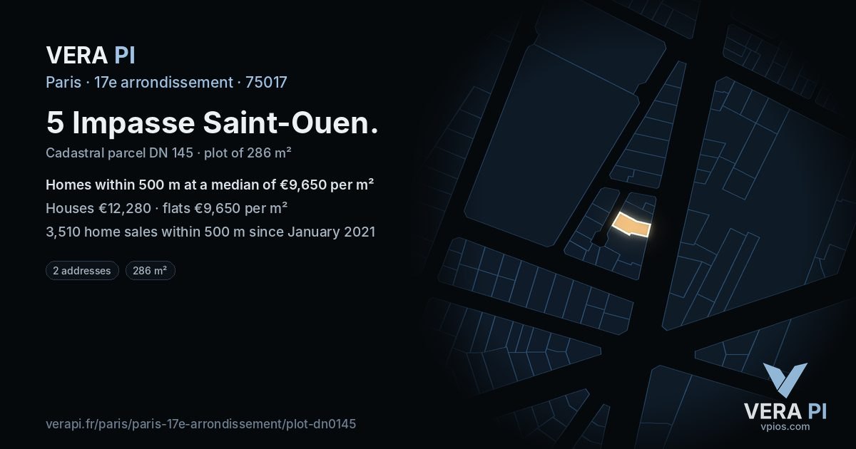 5 Impasse Saint-Ouen, 17e arrondissement at night – the plot lit, the parcels around coloured by the prices near them