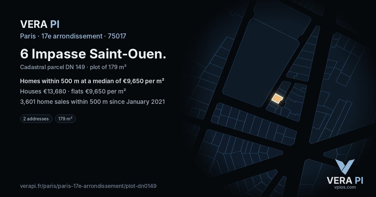 6 Impasse Saint-Ouen, 17e arrondissement at night – the plot lit, the parcels around coloured by the prices near them
