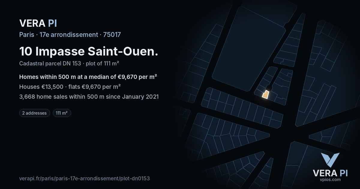 10 Impasse Saint-Ouen, 17e arrondissement at night – the plot lit, the parcels around coloured by the prices near them