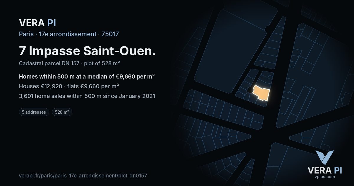 7 Impasse Saint-Ouen, 17e arrondissement at night – the plot lit, the parcels around coloured by the prices near them
