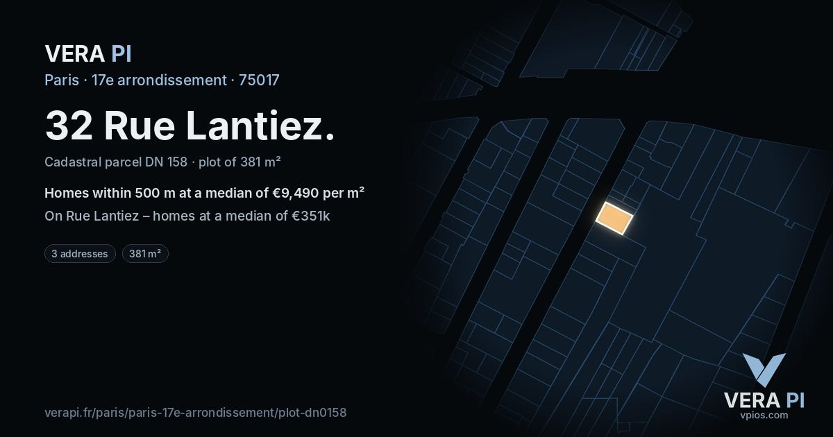 32 Rue Lantiez, 17e arrondissement at night – the plot lit, the parcels around coloured by the prices near them