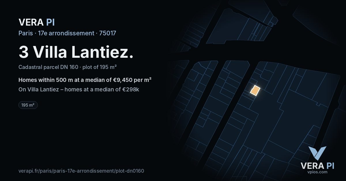 3 Villa Lantiez, 17e arrondissement at night – the plot lit, the parcels around coloured by the prices near them