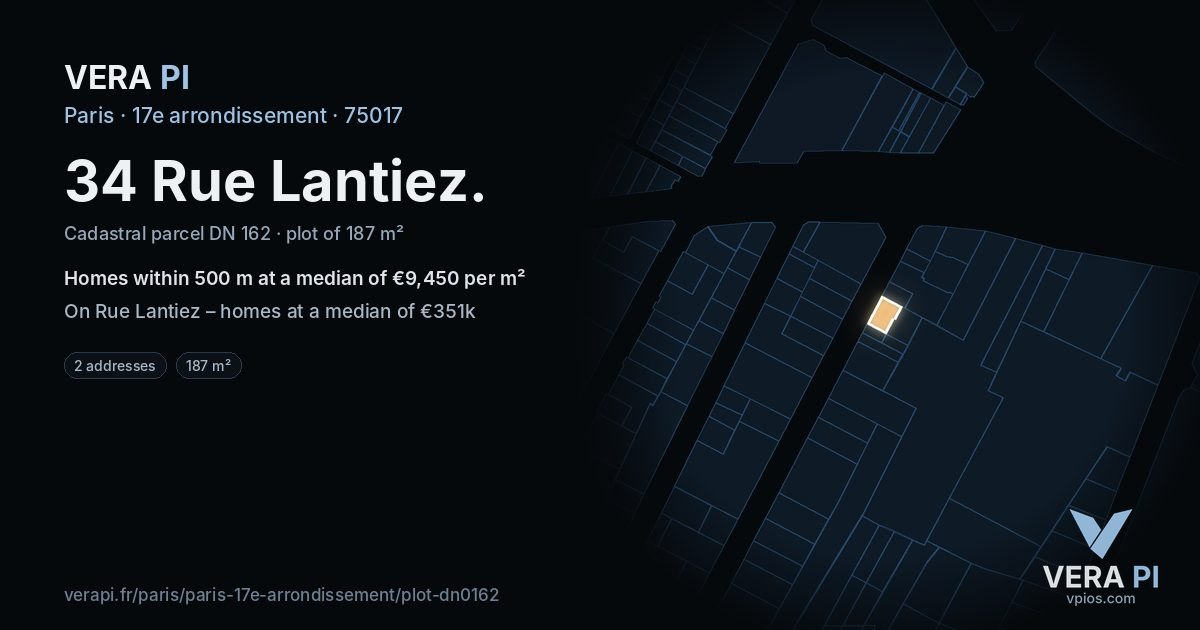 34 Rue Lantiez, 17e arrondissement at night – the plot lit, the parcels around coloured by the prices near them