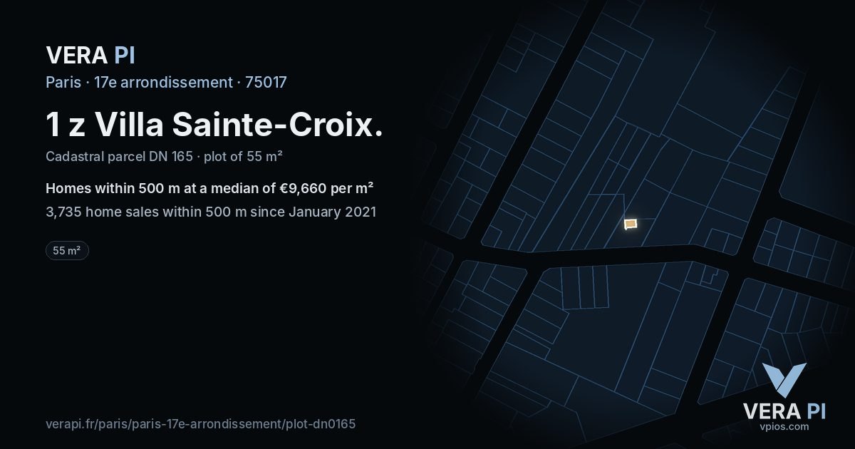 1 z Villa Sainte-Croix, 17e arrondissement at night – the plot lit, the parcels around coloured by the prices near them