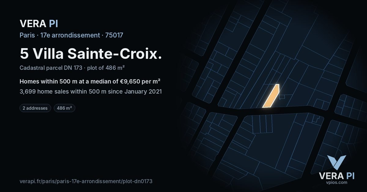 5 Villa Sainte-Croix, 17e arrondissement at night – the plot lit, the parcels around coloured by the prices near them
