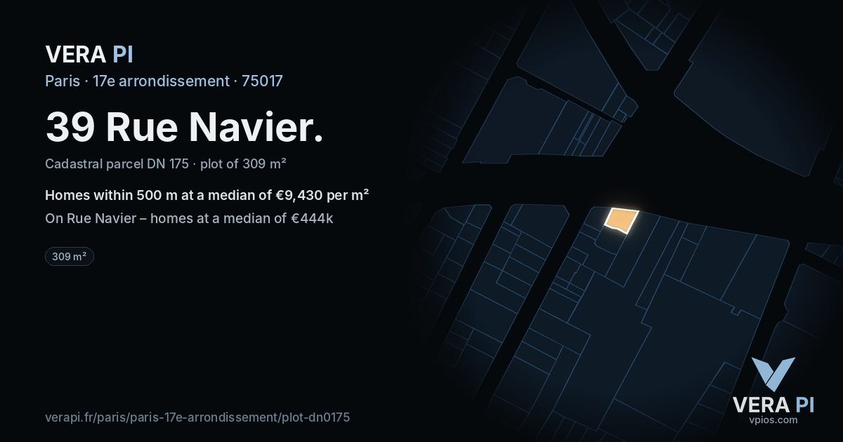 39 Rue Navier, 17e arrondissement at night – the plot lit, the parcels around coloured by the prices near them