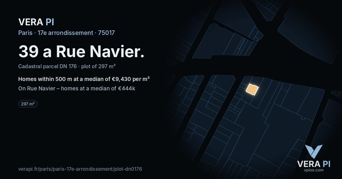 39 a Rue Navier, 17e arrondissement at night – the plot lit, the parcels around coloured by the prices near them