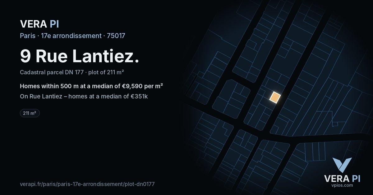9 Rue Lantiez, 17e arrondissement at night – the plot lit, the parcels around coloured by the prices near them