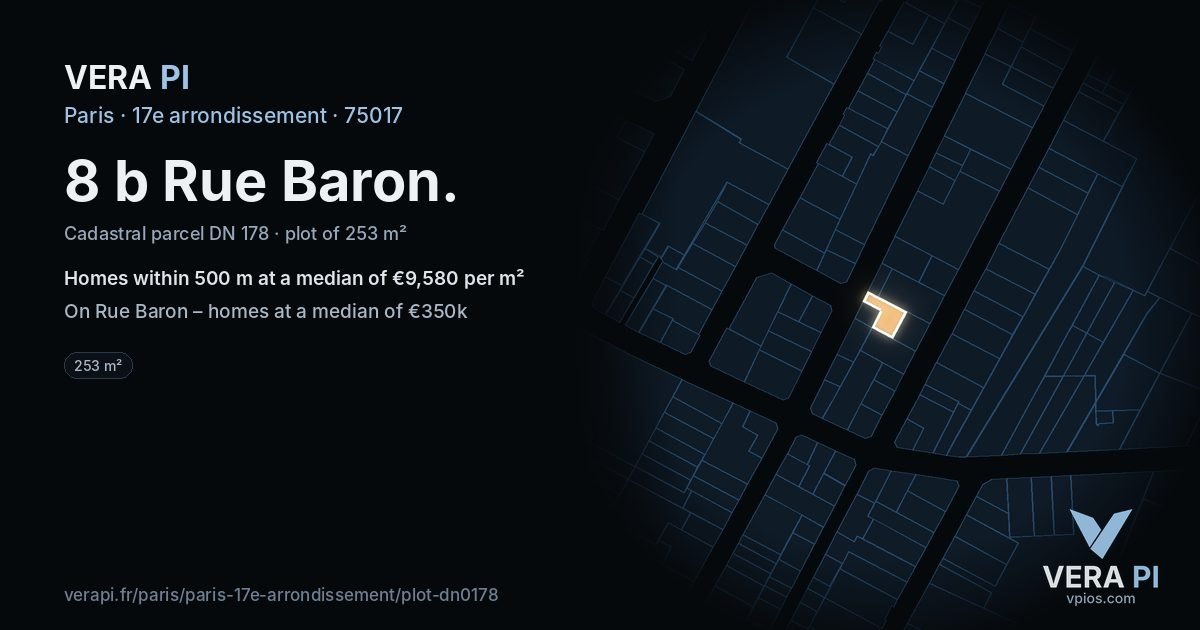 8 b Rue Baron, 17e arrondissement at night – the plot lit, the parcels around coloured by the prices near them