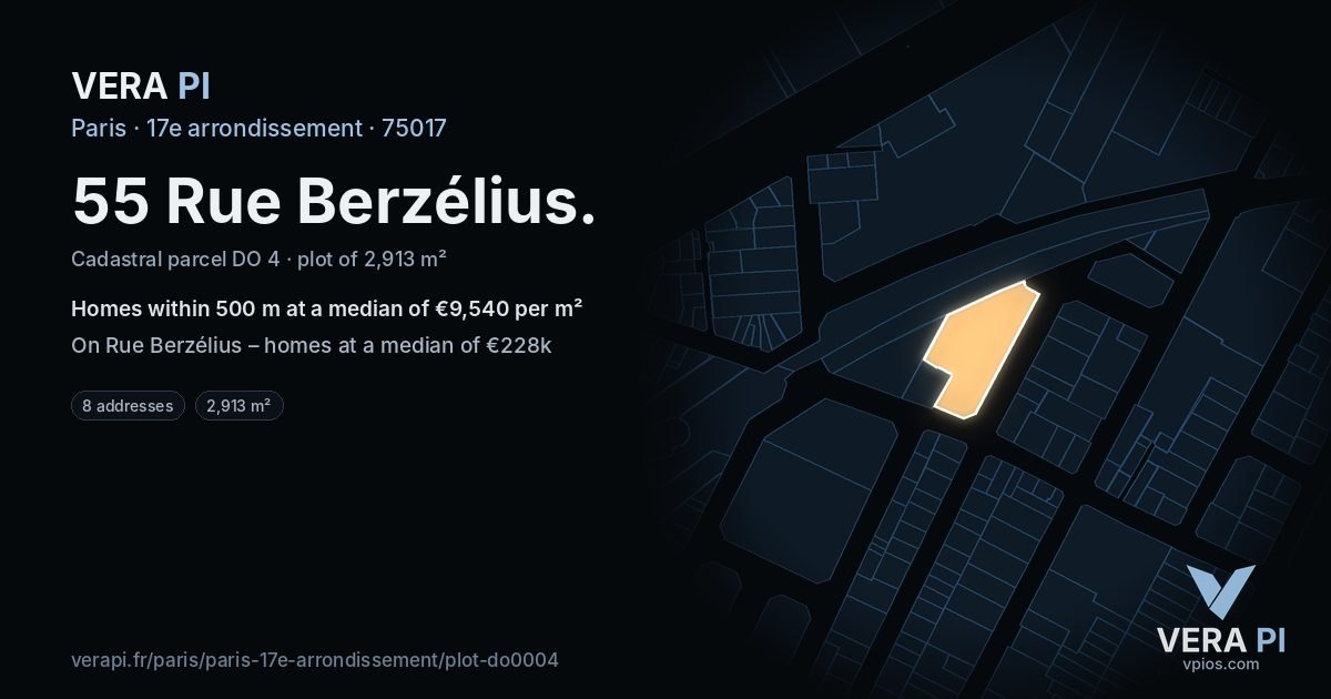 55 Rue Berzélius, 17e arrondissement at night – the plot lit, the parcels around coloured by the prices near them