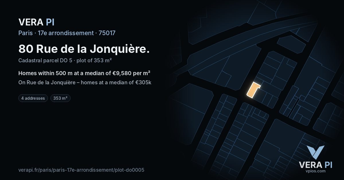 80 Rue de la Jonquière, 17e arrondissement at night – the plot lit, the parcels around coloured by the prices near them