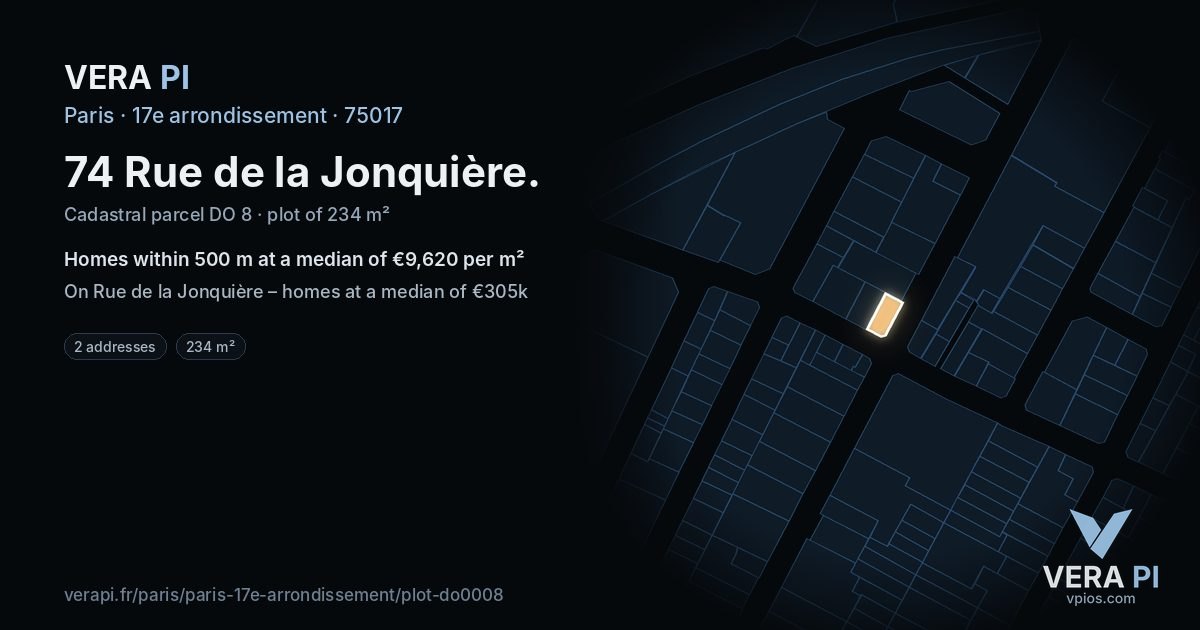 74 Rue de la Jonquière, 17e arrondissement at night – the plot lit, the parcels around coloured by the prices near them