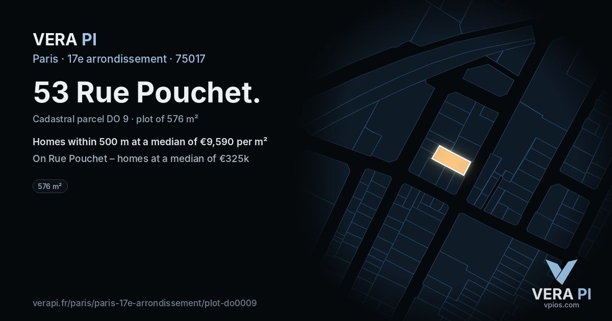 53 Rue Pouchet, 17e arrondissement at night – the plot lit, the parcels around coloured by the prices near them