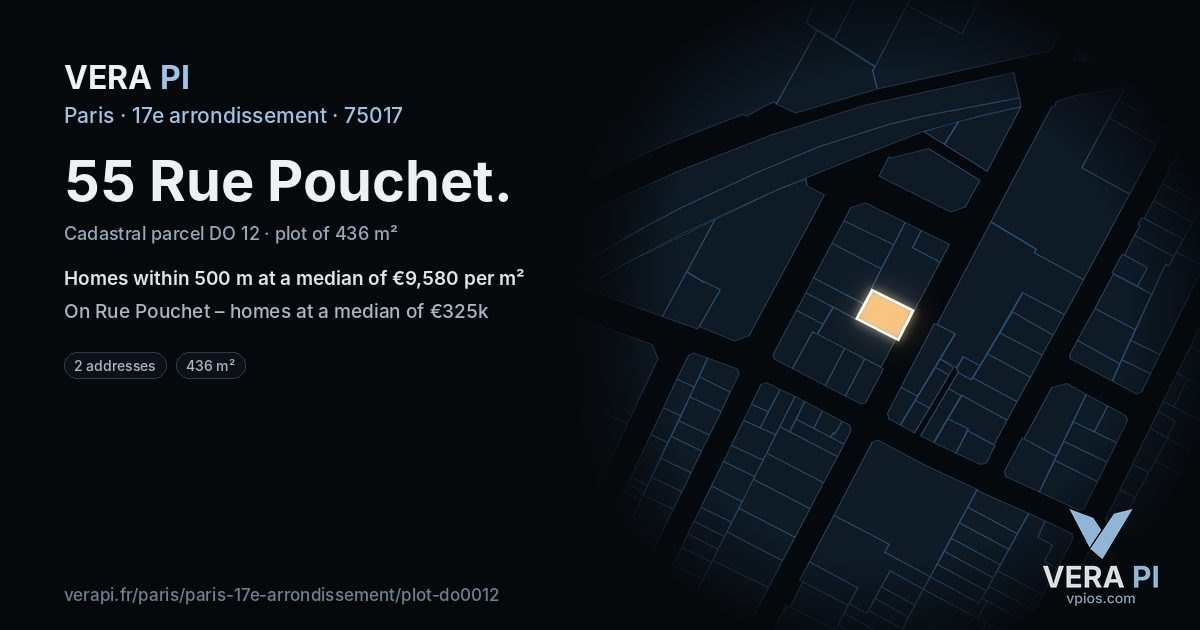55 Rue Pouchet, 17e arrondissement at night – the plot lit, the parcels around coloured by the prices near them