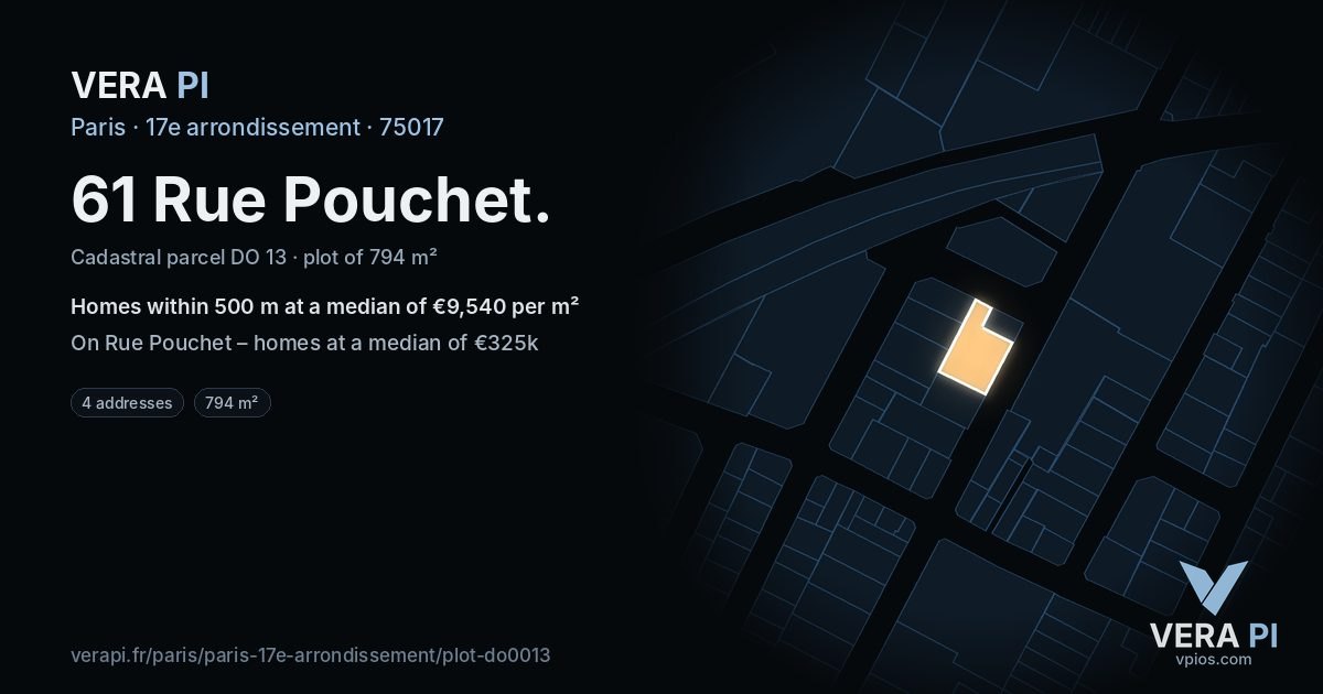 61 Rue Pouchet, 17e arrondissement at night – the plot lit, the parcels around coloured by the prices near them