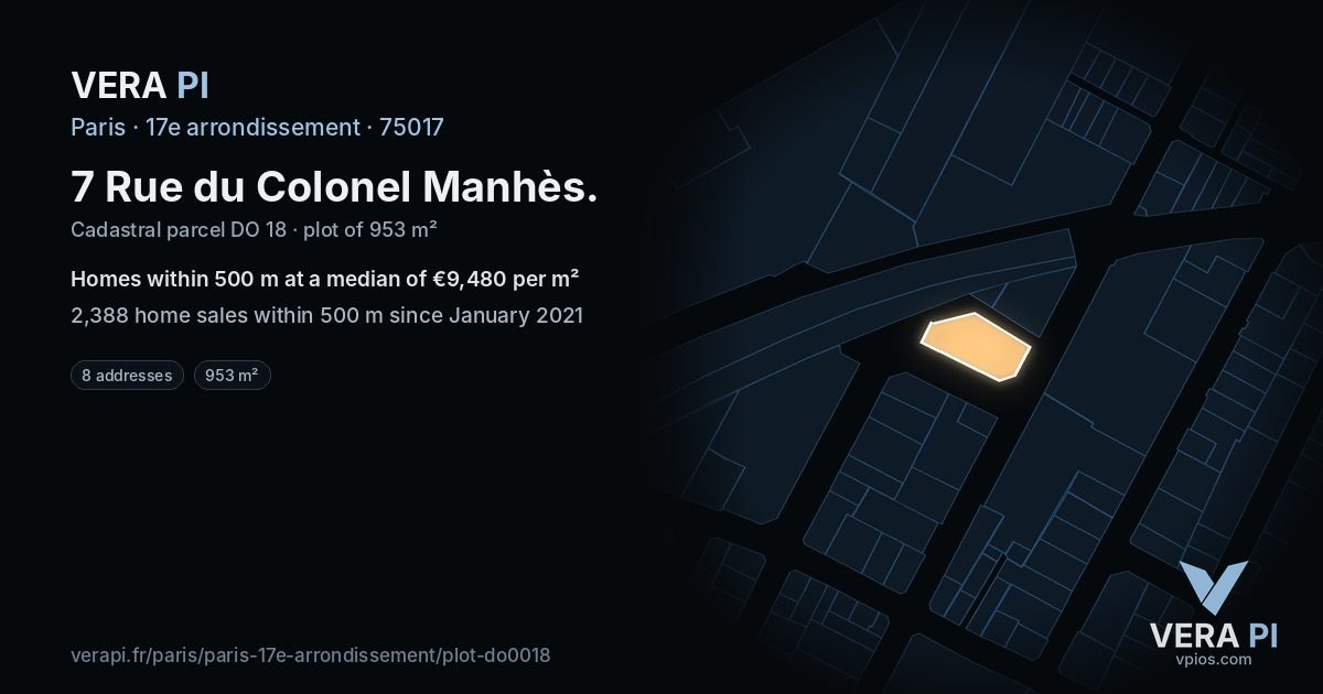 7 Rue du Colonel Manhès, 17e arrondissement at night – the plot lit, the parcels around coloured by the prices near them