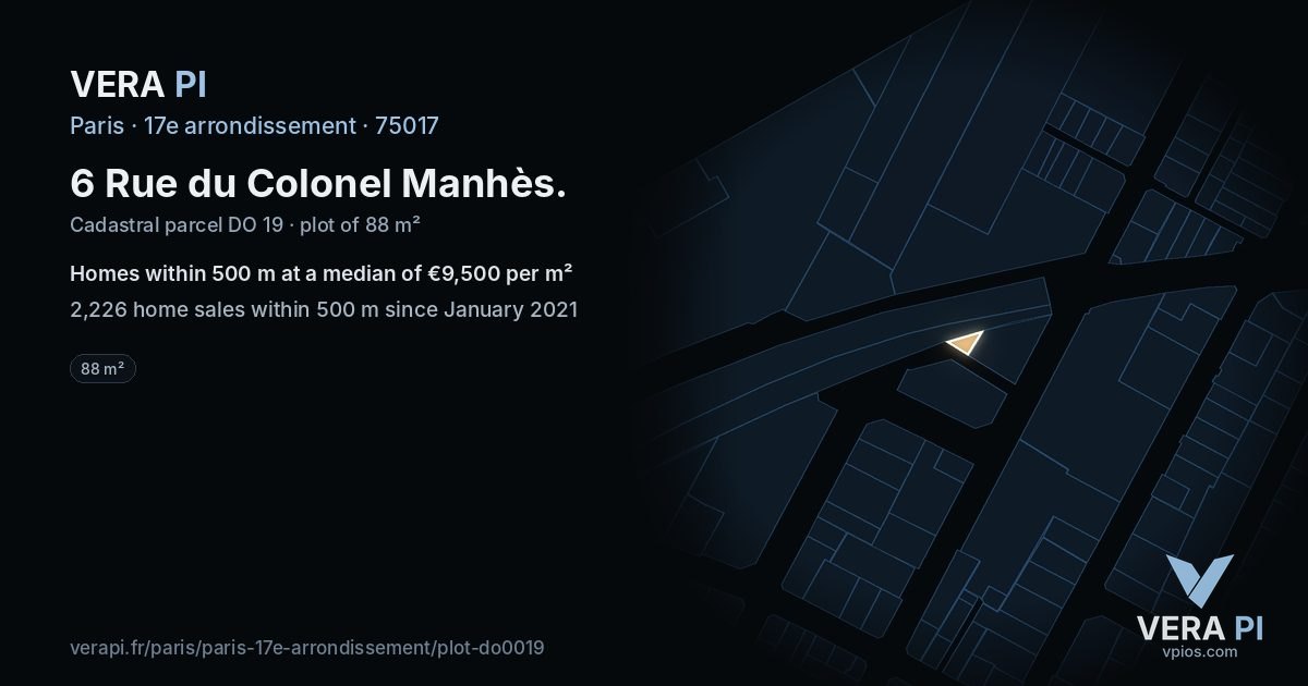 6 Rue du Colonel Manhès, 17e arrondissement at night – the plot lit, the parcels around coloured by the prices near them