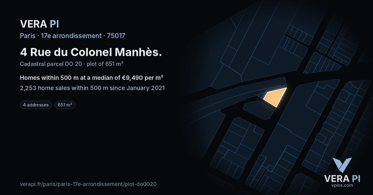 4 Rue du Colonel Manhès, 17e arrondissement at night – the plot lit, the parcels around coloured by the prices near them