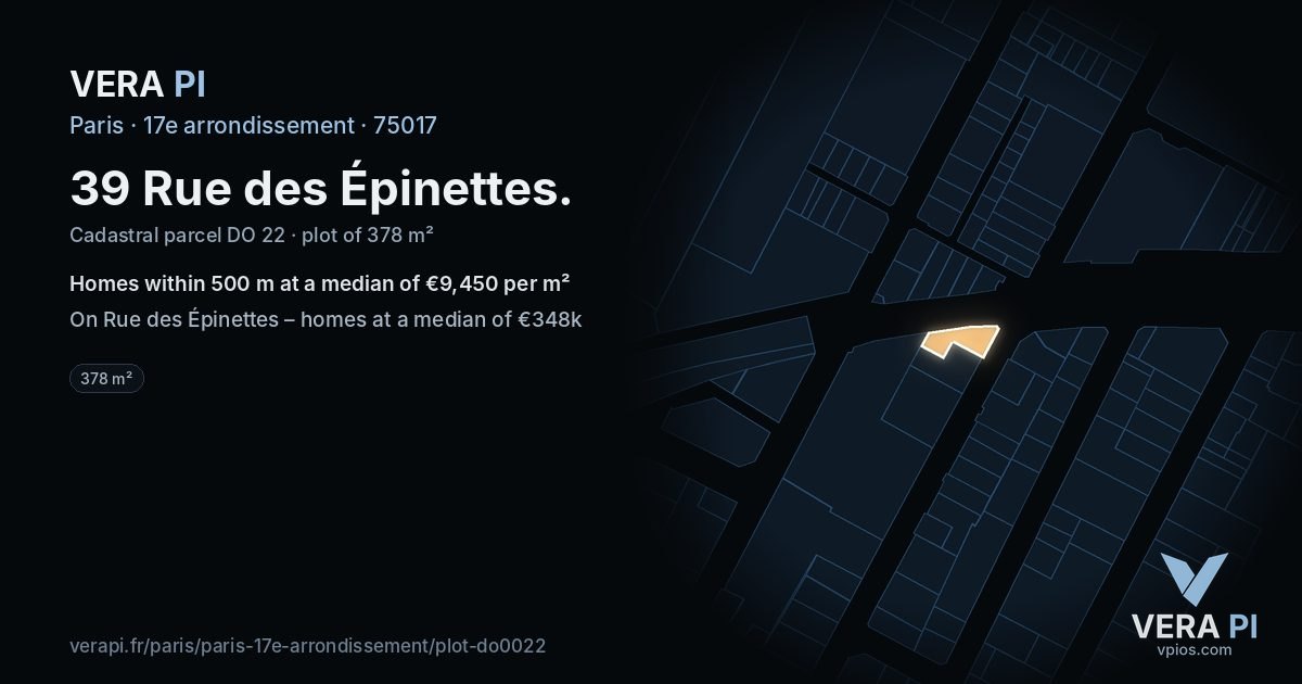 39 Rue des Épinettes, 17e arrondissement at night – the plot lit, the parcels around coloured by the prices near them