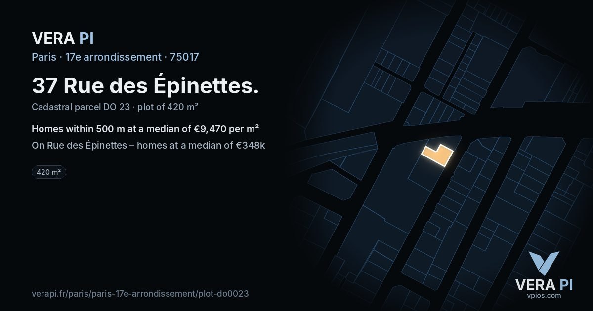 37 Rue des Épinettes, 17e arrondissement at night – the plot lit, the parcels around coloured by the prices near them