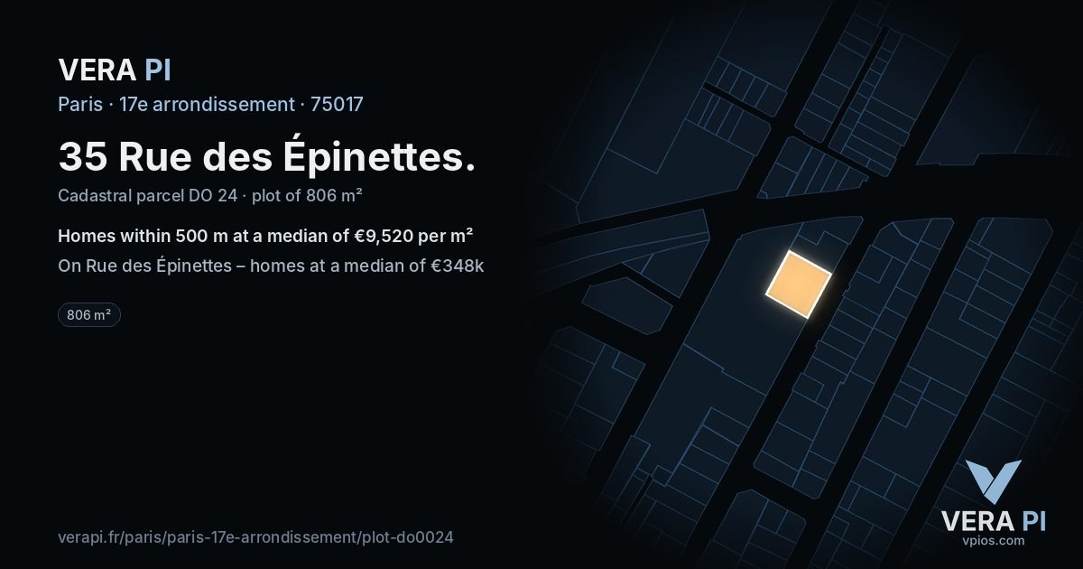 35 Rue des Épinettes, 17e arrondissement at night – the plot lit, the parcels around coloured by the prices near them