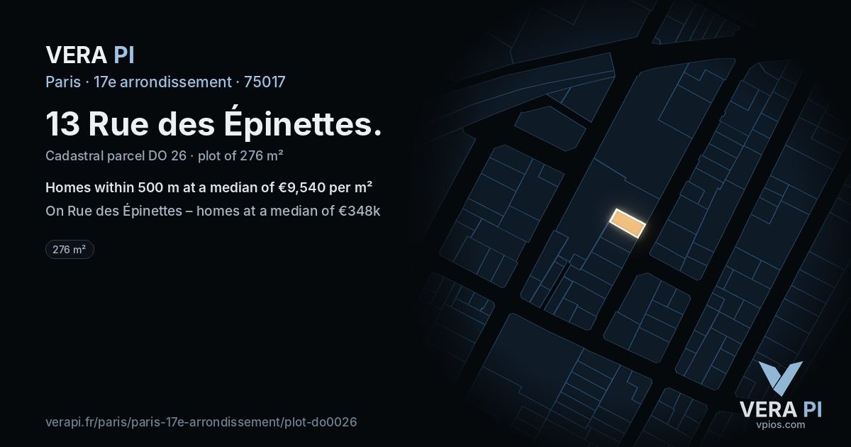 13 Rue des Épinettes, 17e arrondissement at night – the plot lit, the parcels around coloured by the prices near them