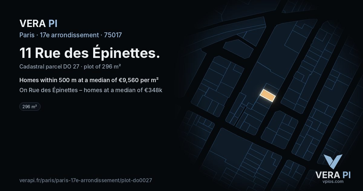 11 Rue des Épinettes, 17e arrondissement at night – the plot lit, the parcels around coloured by the prices near them